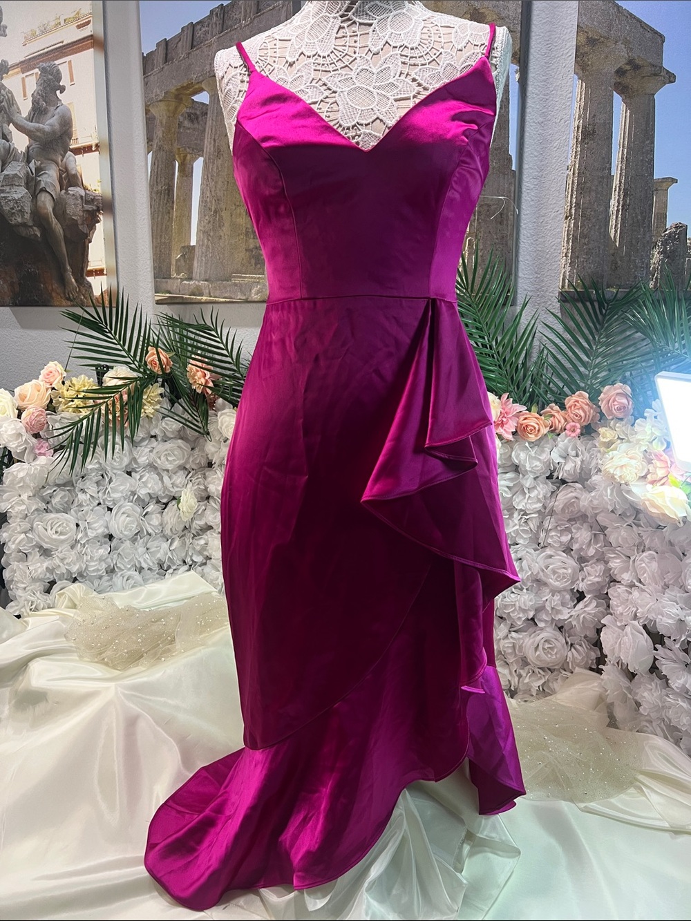 Xscape Magenta Satin Maxi Dress with Cascading Ruffle